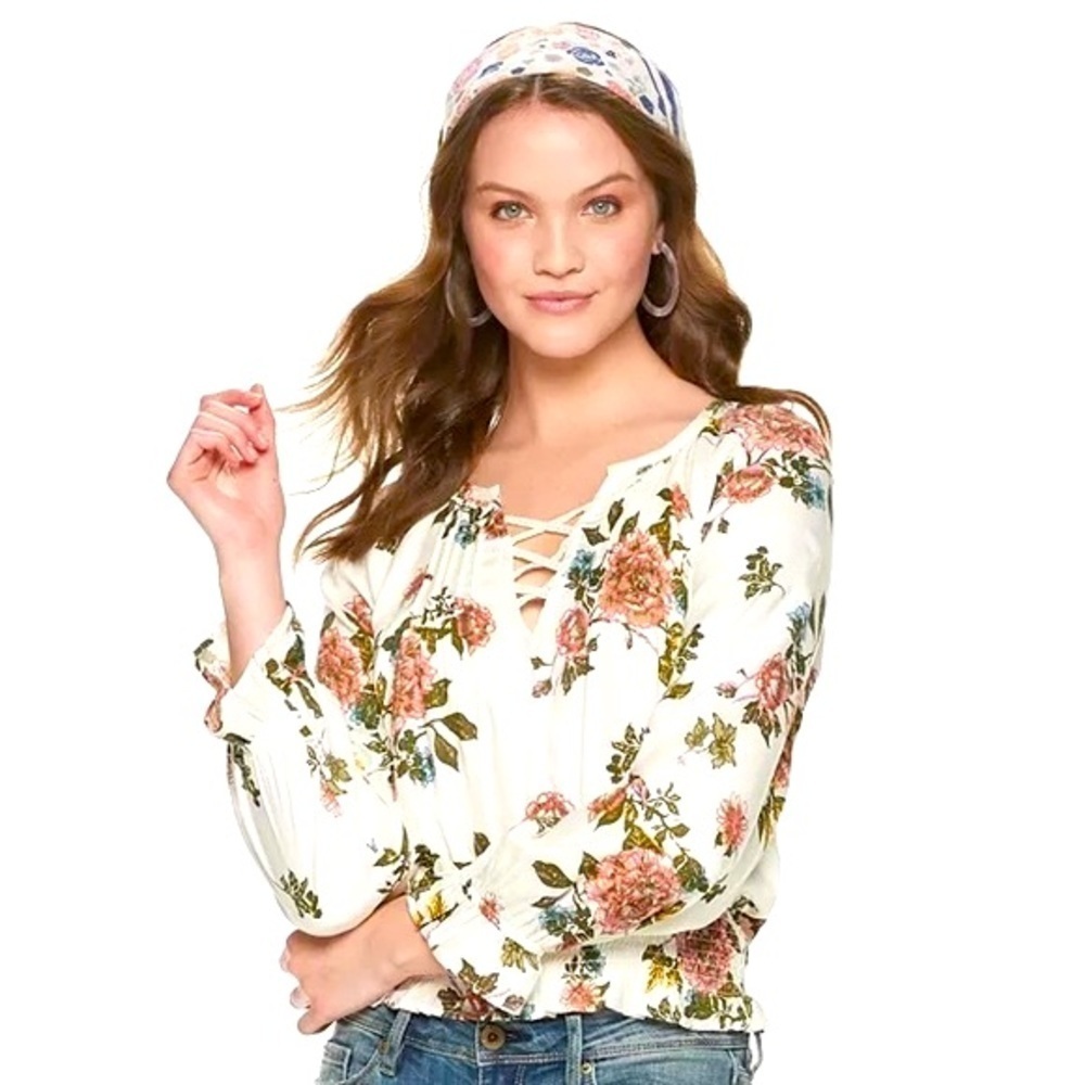 American Rag Pintuck Peasant Top Floral Long Sleeved Peplum Blouse White